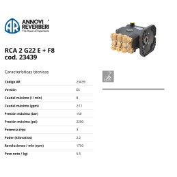 Bomba de Alta Presion RCA 2G22 E Con brida Flecha hueca de Ø5/8, Para Motor Nema 56C